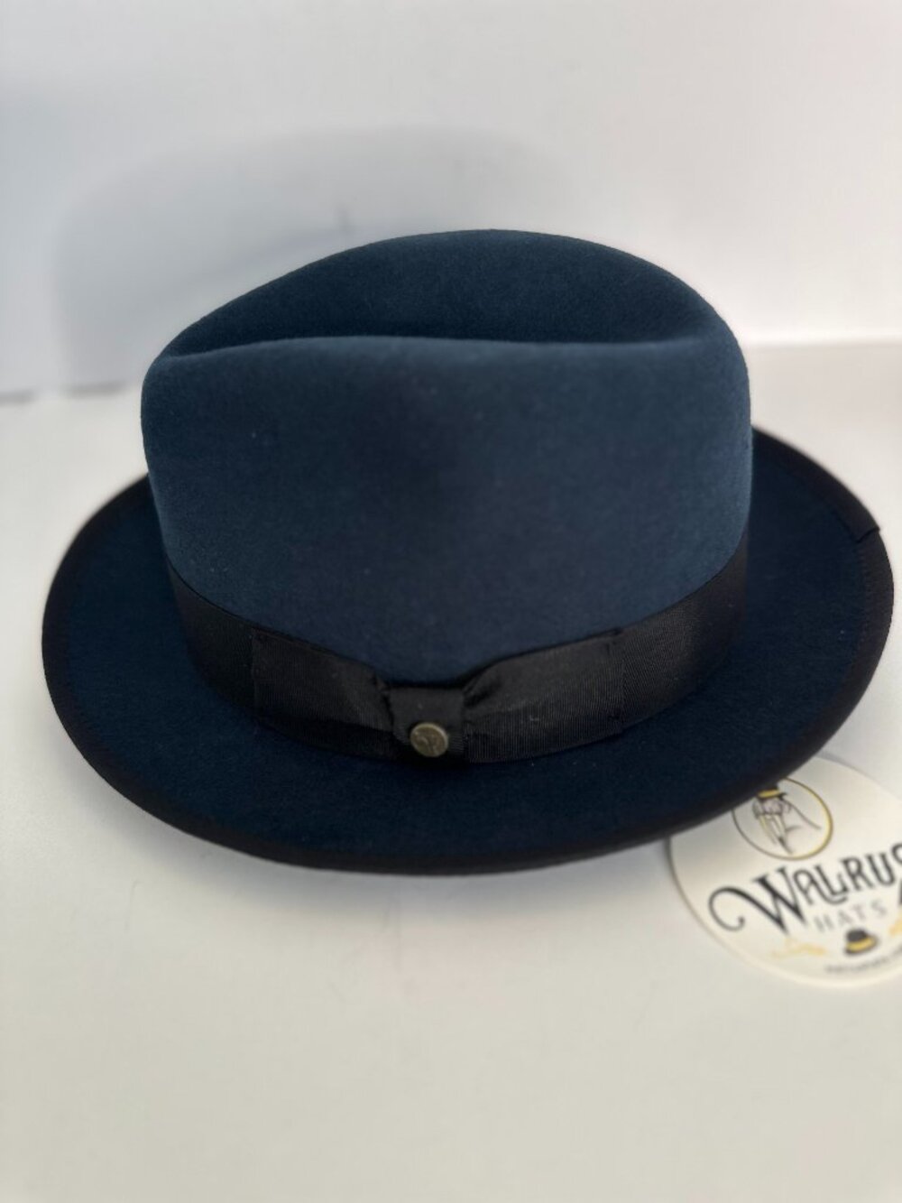 Walrus Fedora Wool Navy Blue with Black Trim Brim Size Small